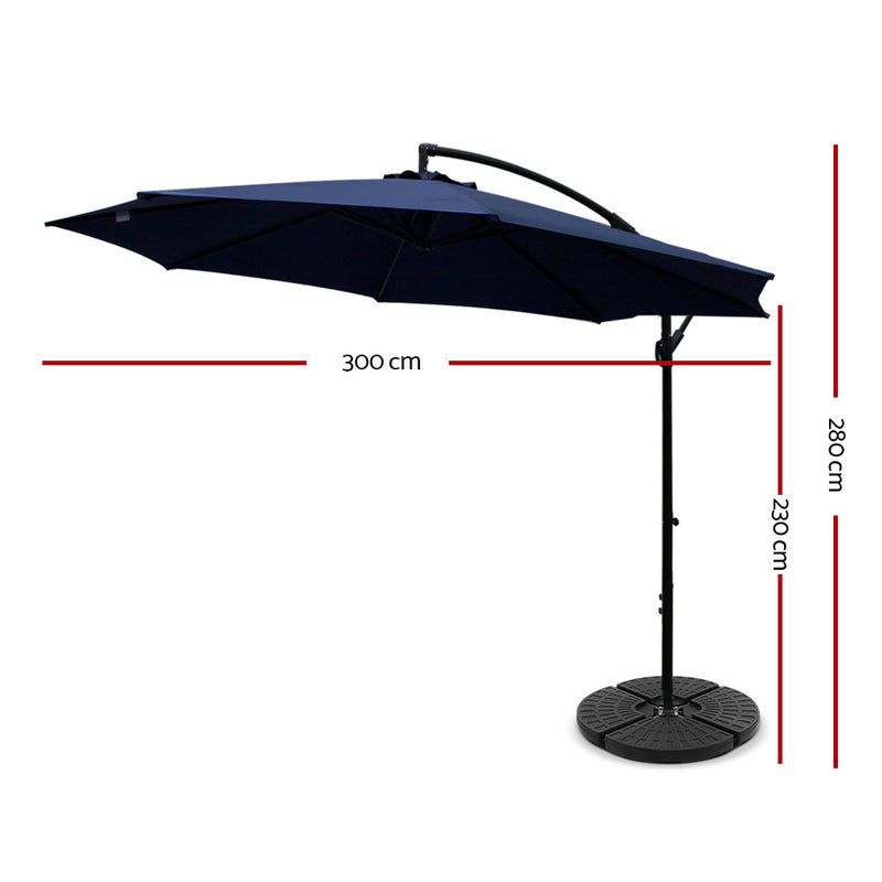 3M Umbrella with 48x48cm Base Outdoor Umbrellas Cantilever Sun Beach Garden Patio Navy