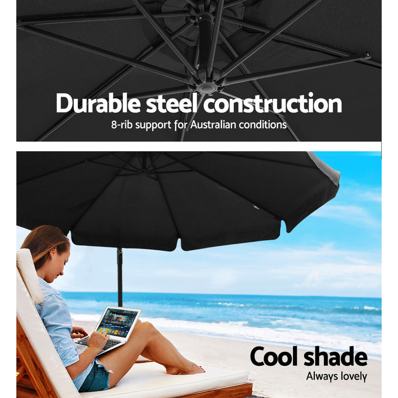 3M Umbrella with 50x50cm Base Outdoor Umbrellas Cantilever Patio Sun Beach UV Black