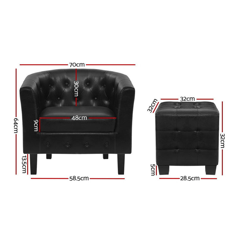 Armchair Lounge Chair Ottoman Tub Accent Chairs PU Leather Sofa Armchairs Black