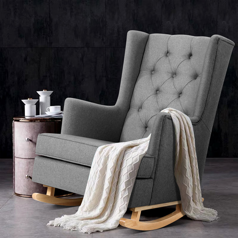 Rocking Armchair Feeding Chair Linen Fabric Armchairs Lounge Retro Grey