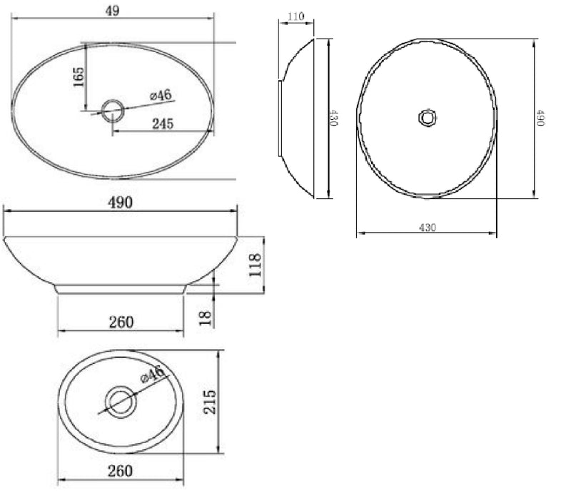 Bathroom Ceramic Oval Above Countertop Basin for Vanity