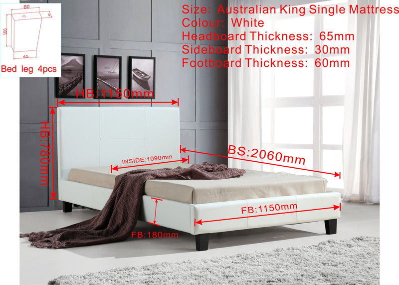 King Single PU Leather Bed Frame White