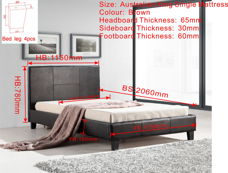 King Single PU Leather Bed Frame Brown