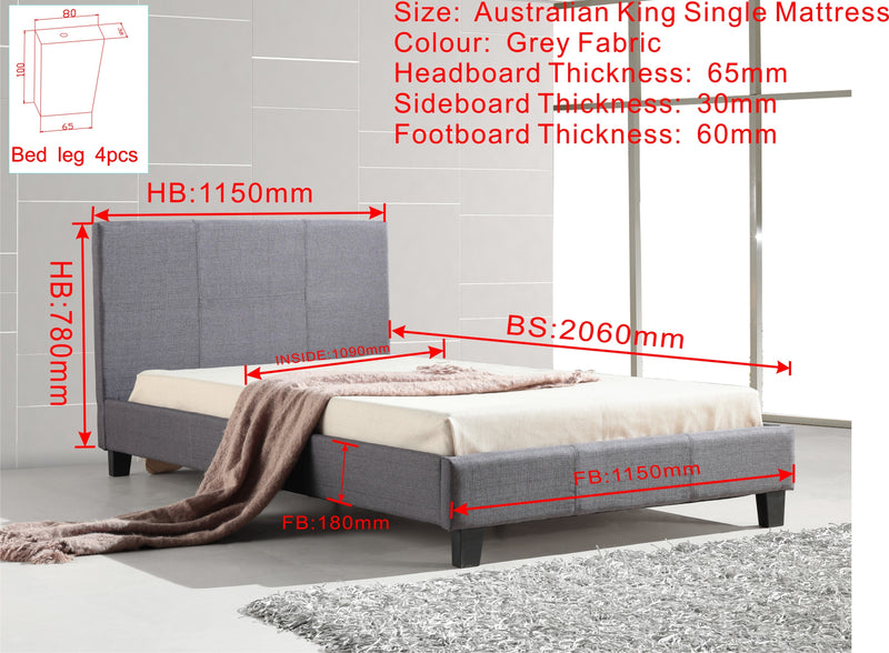 King Single Linen Fabric Bed Frame Grey