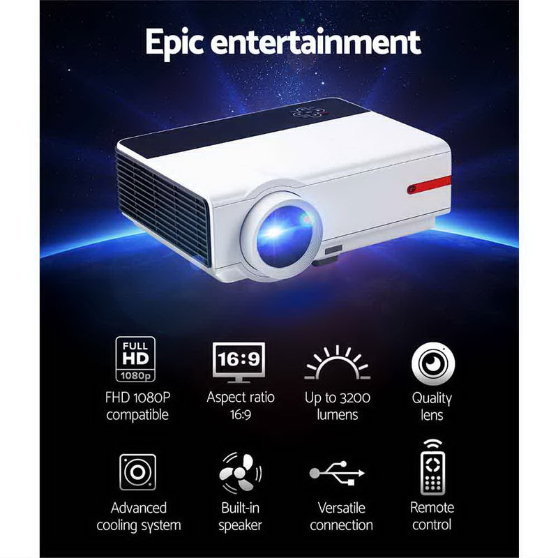 Devanti Mini Video Projector Portable HD 1080P 3200 Lumens Home USB VGA HDMI