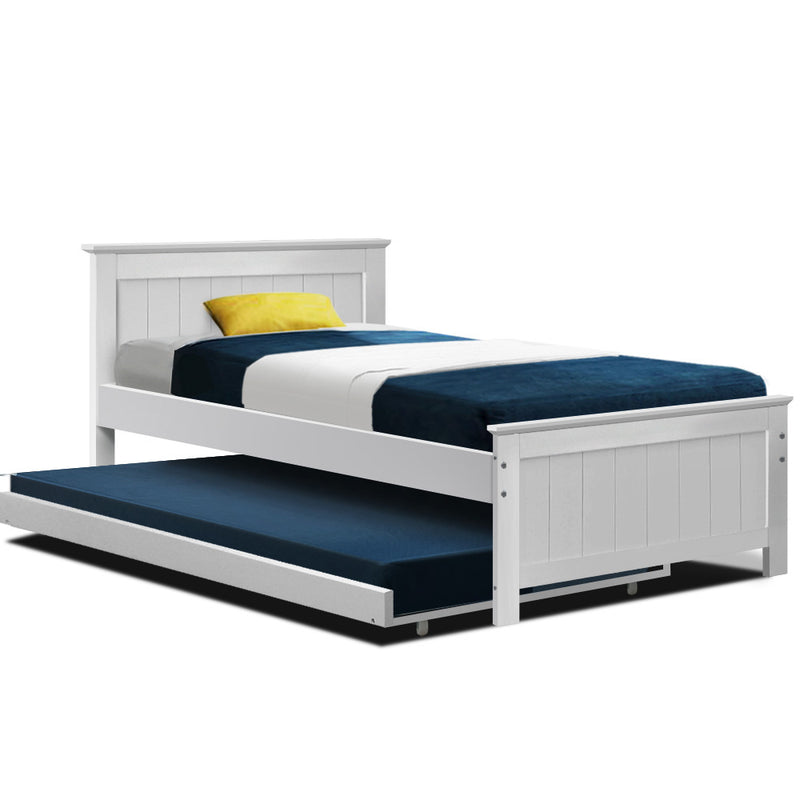 Wooden Trundle Bed Frame Timber Slat King Single Size White