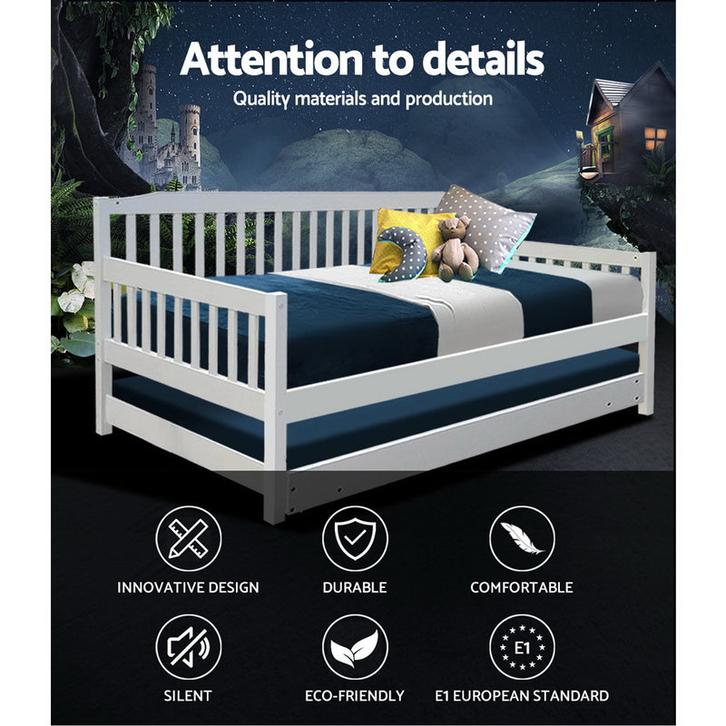 Single Wooden Trundle Bed Frame Timber Kids Adults