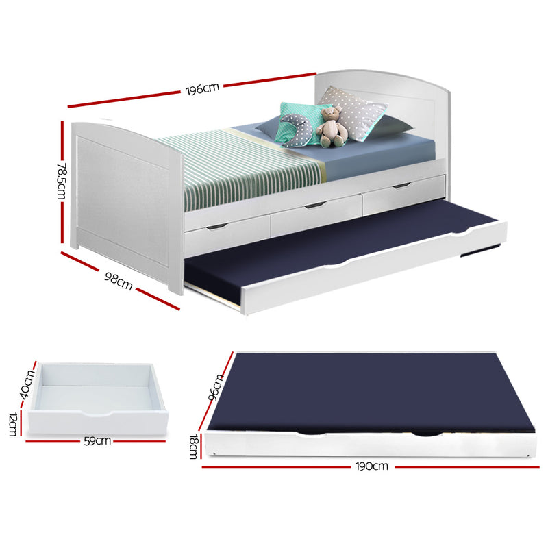 Single Wooden Trundle Bed Frame Timber Kids Adults