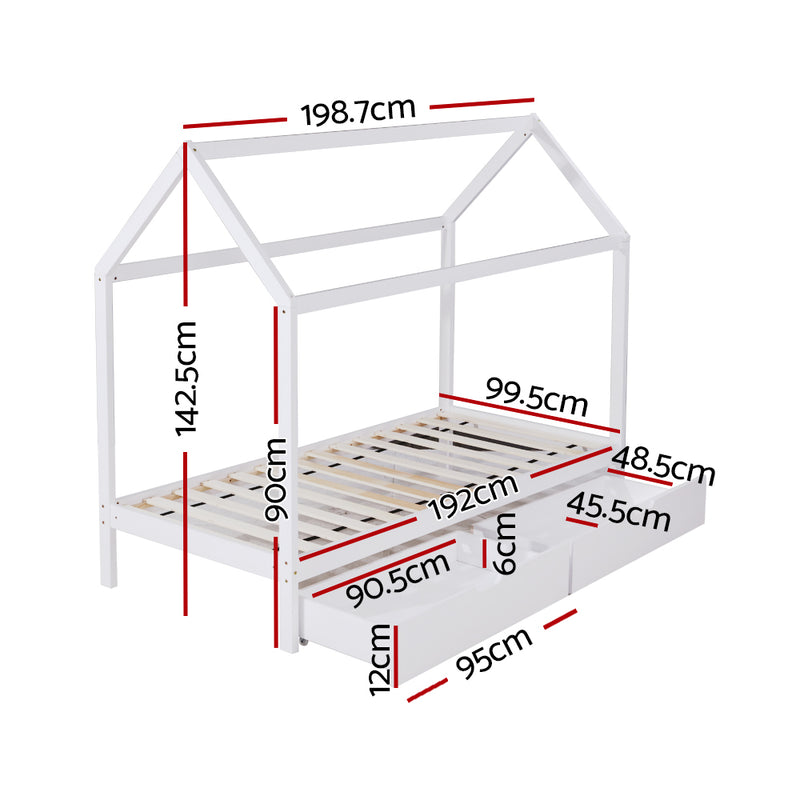 Wooden Bed Frame Single Size Mattress Base Timber Platform Storage Drawers Pine Wood White