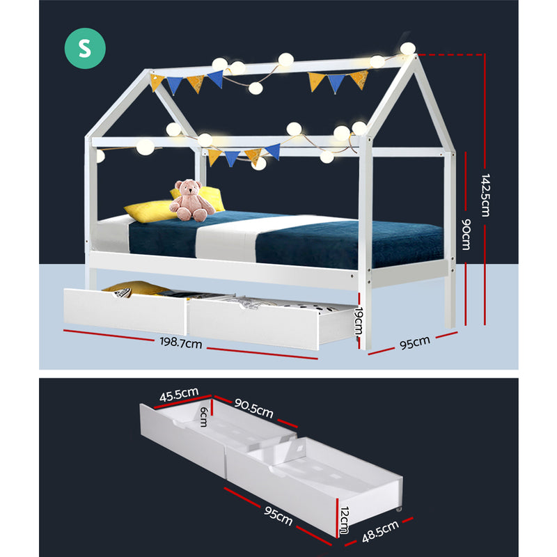 Wooden Bed Frame Single Size Mattress Base Timber Platform Storage Drawers Pine Wood White