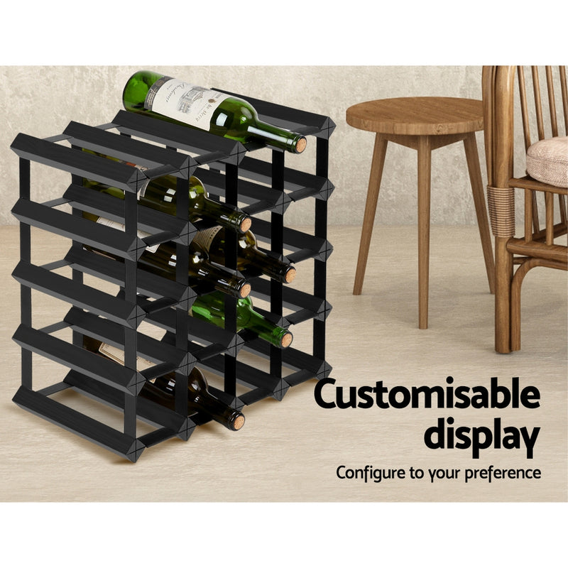 20 Bottle Timber Wine Rack Wooden Storage Wall Racks Holders Cellar Black