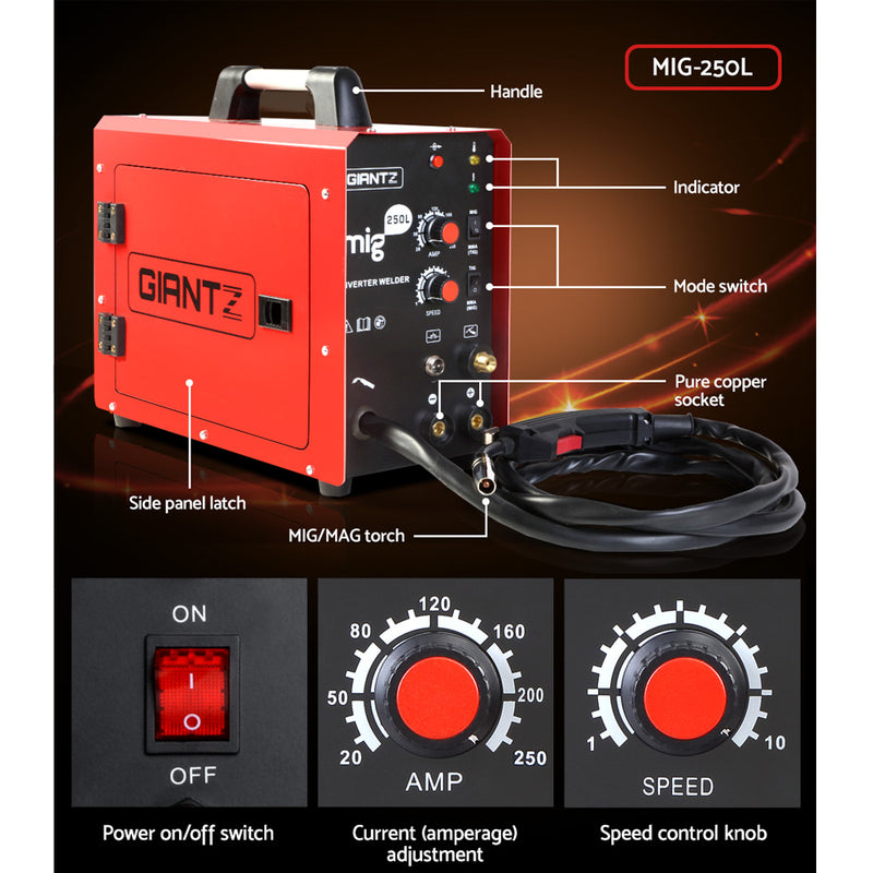 GIANTZ MIG Welding Machine DC Inverter Welder MAG MMA ARC Gas Gasless IGBT 250Amp