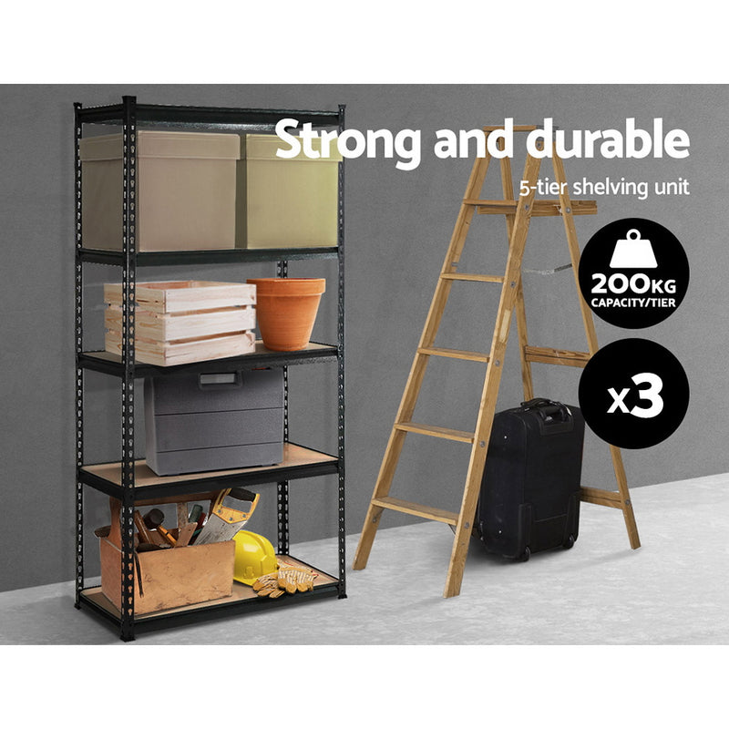 3x0.9M 5-Shelves Steel Warehouse Shelving Racking Garage Storage Rack Black