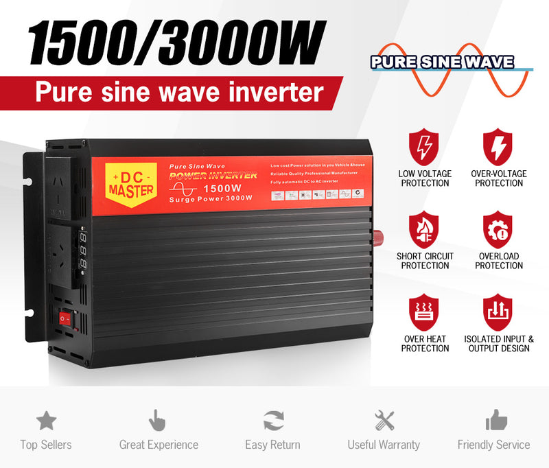 Pure Sine Wave 1500W Max 3000W 12V-230V Power Inverter Car Caravan Camping Boat