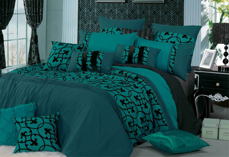 Queen Size  Lyde Teal Black Flocking Quilt Cover Set(3PCS)