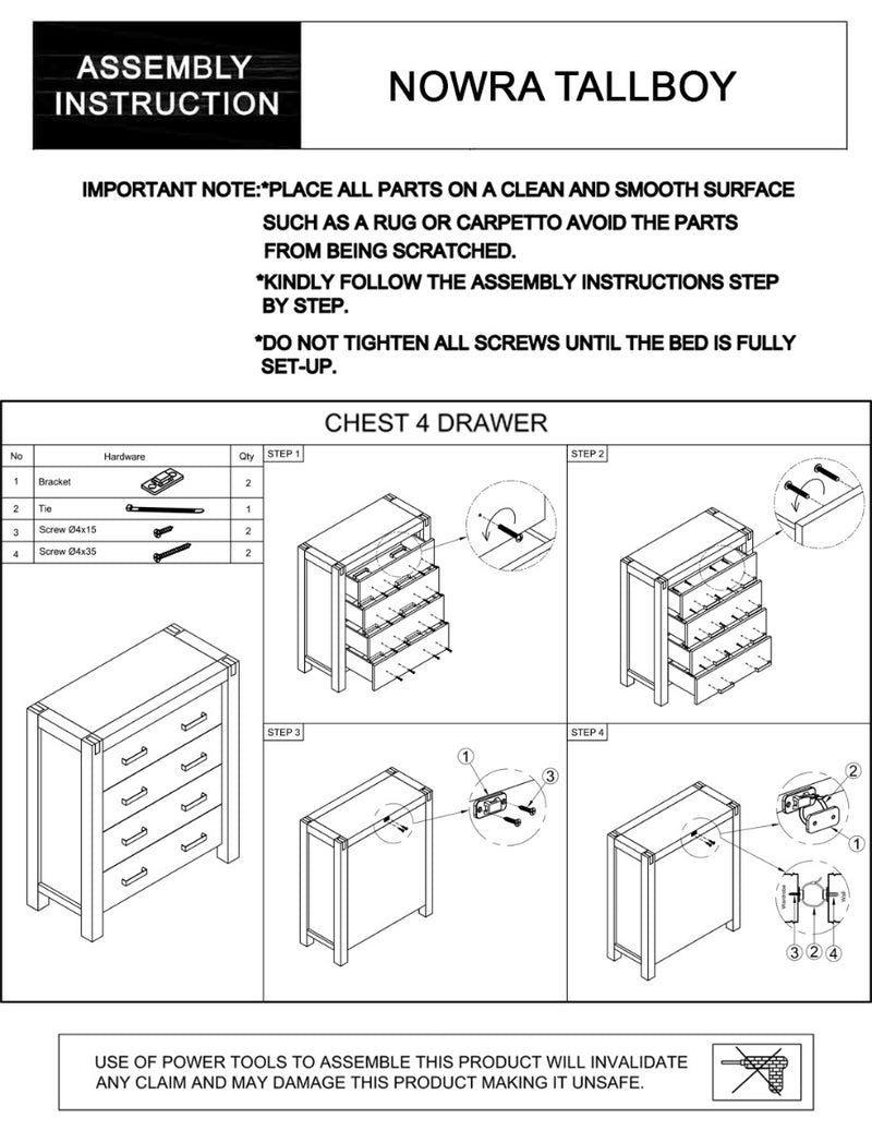 Nowra 4 Drawer Tallboy